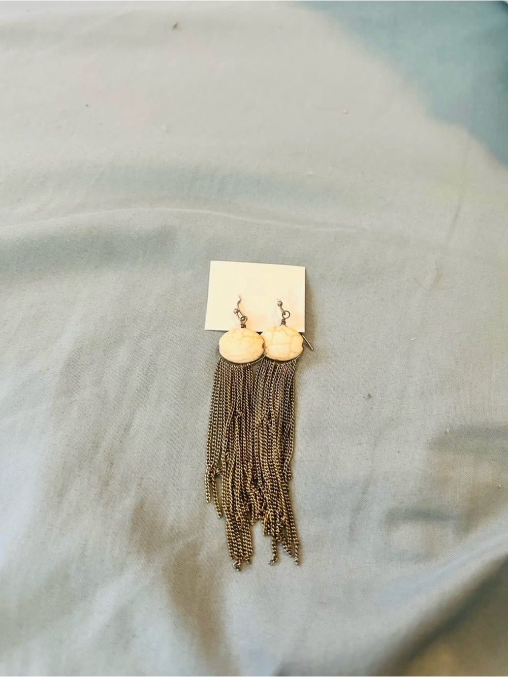 Local Artist Boho Cream Stone and Gold-Tone Chain Fringe Drop Earrings